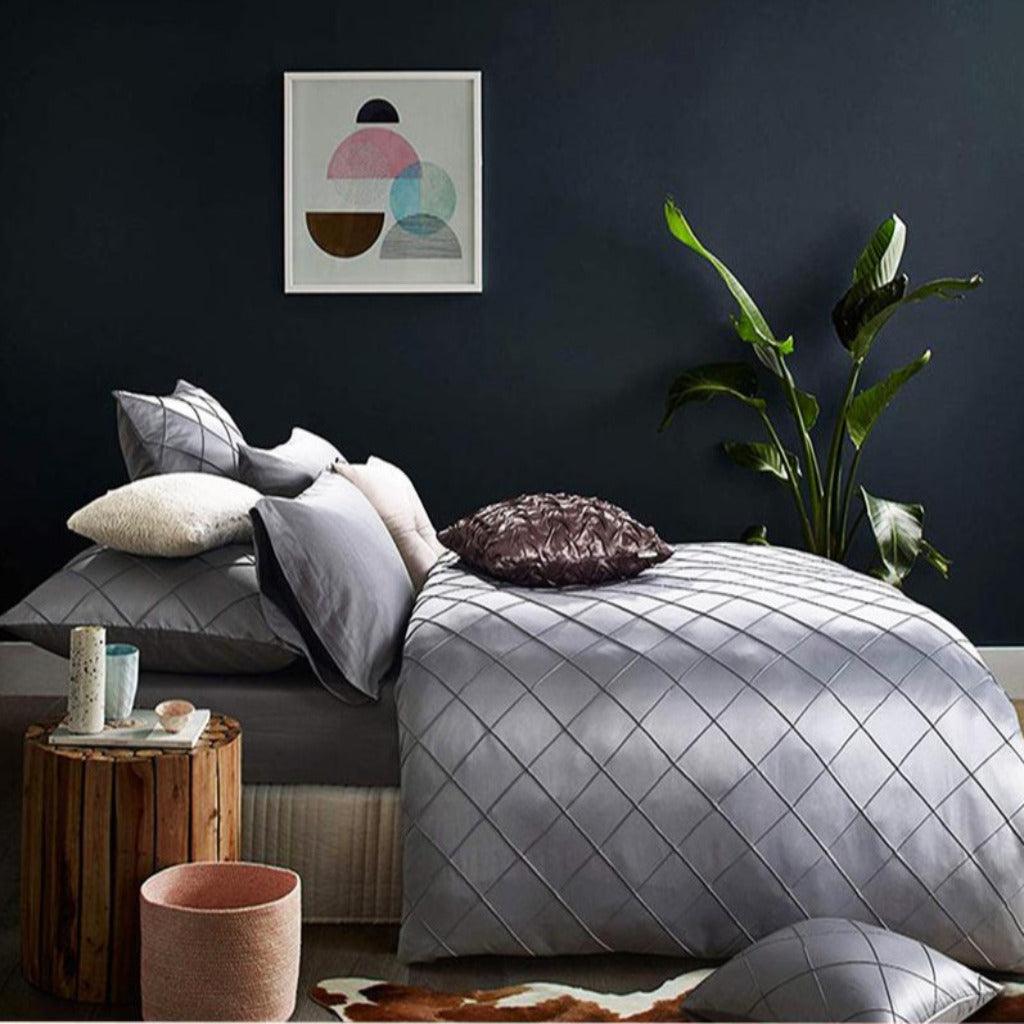 12 Pcs Luxury Cross Pleated Bridal Set with Free Quilt Filling Grey - 92Bedding