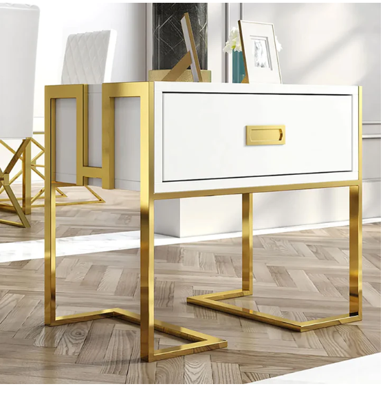 Jocise Modern White Side Table Wooden End Table with 1 Drawer & Golden Double Pedestal -1263