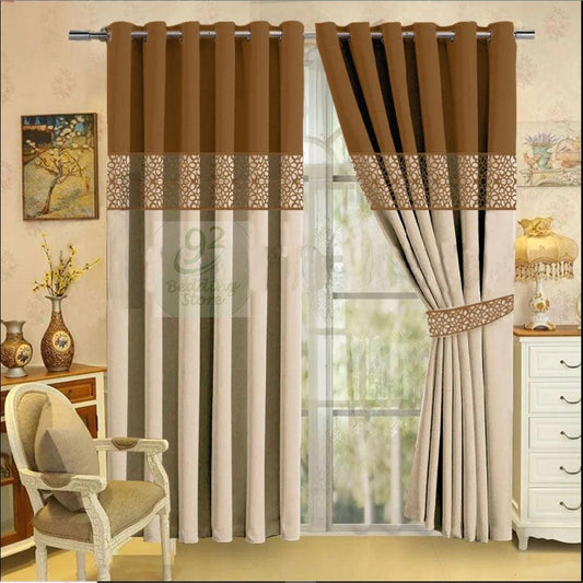 2 Pc's Luxury Velvet Embroidered Curtains Double Shaded With 2 Belts 44 - 92Bedding