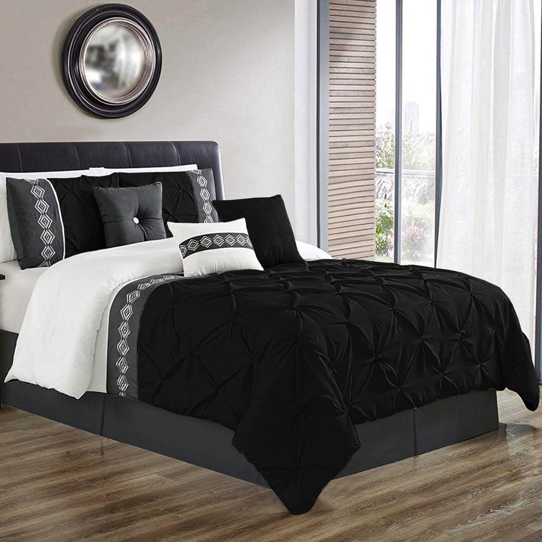 8 Pcs Pintuck Embroidered Duvet Set - Black 02 - 92Bedding