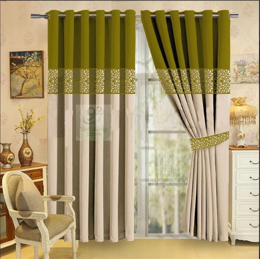 2 Pc's Luxury Velvet Embroidered Curtains Double Shaded With 2 Belts 46 - 92Bedding