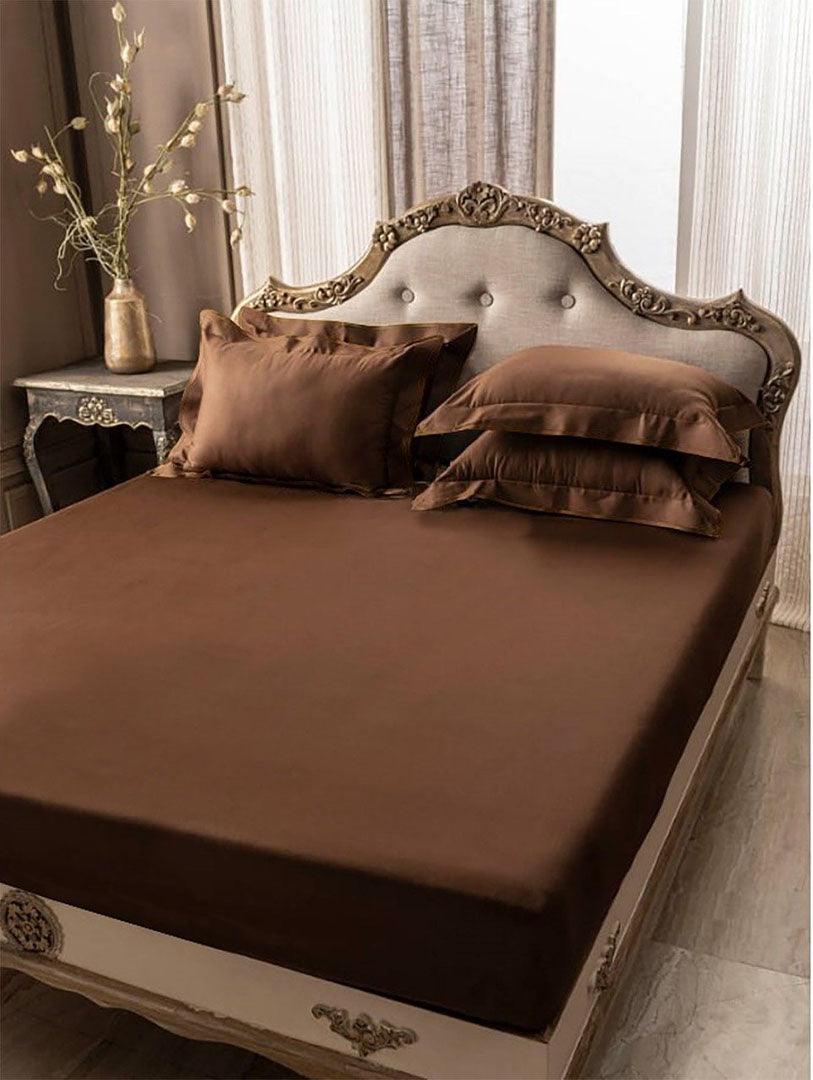 5 PCs Fitted Sheet Brown with Pillow cover - 92Bedding