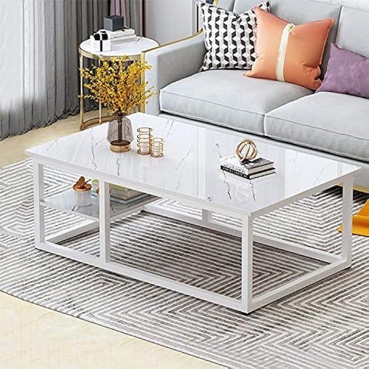 White Small Coffee Table with Storage, Modern Square Low Coffee Tables for Living Room -1266