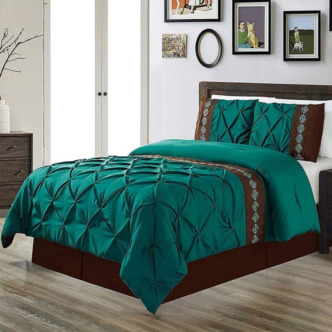 8 Pcs Pintuck Embroidered Duvet Set - Teal - 92Bedding