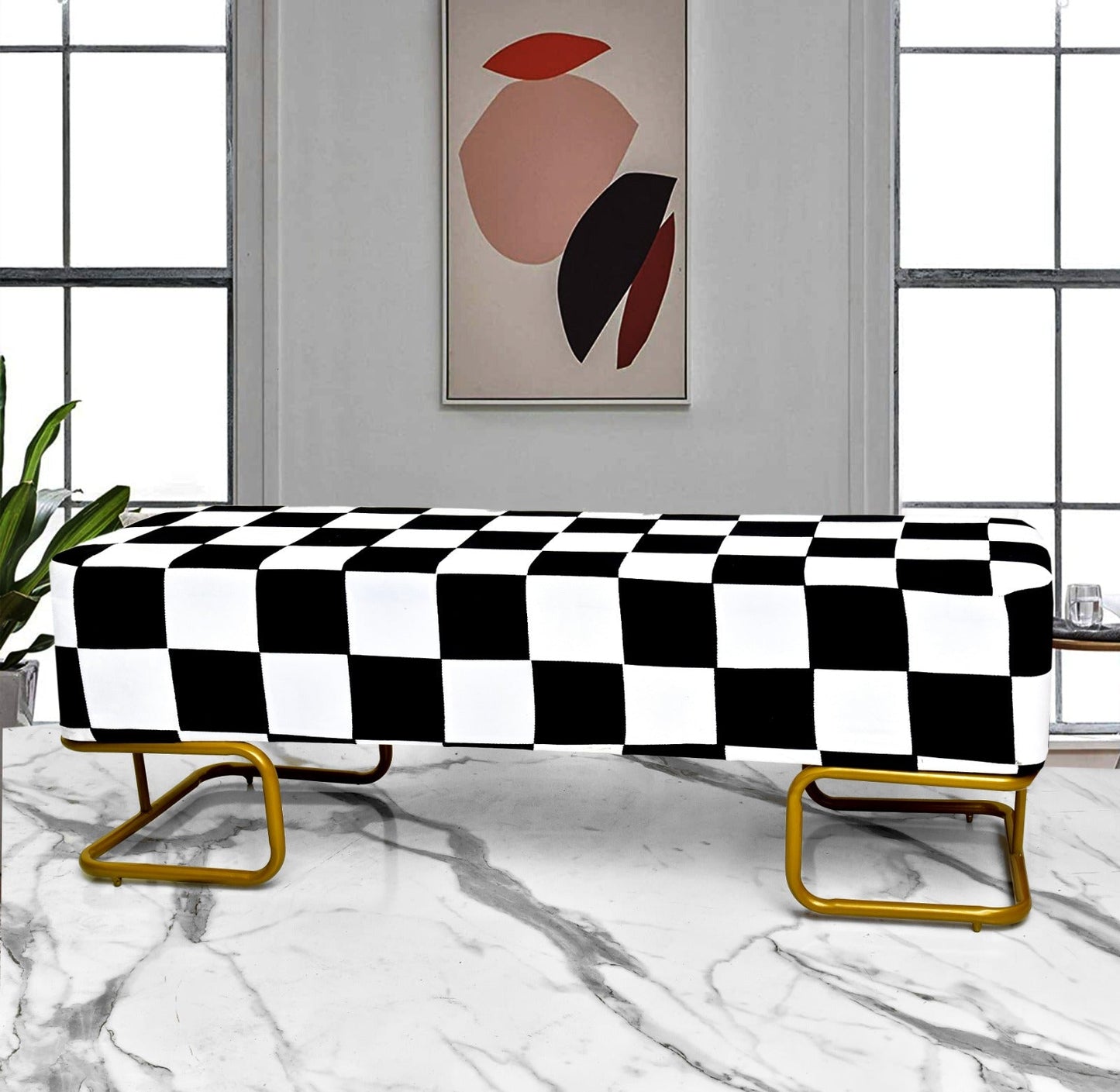 Luxury Printed Velvet Wooden stool 3 Seater With Steel Stand -1255