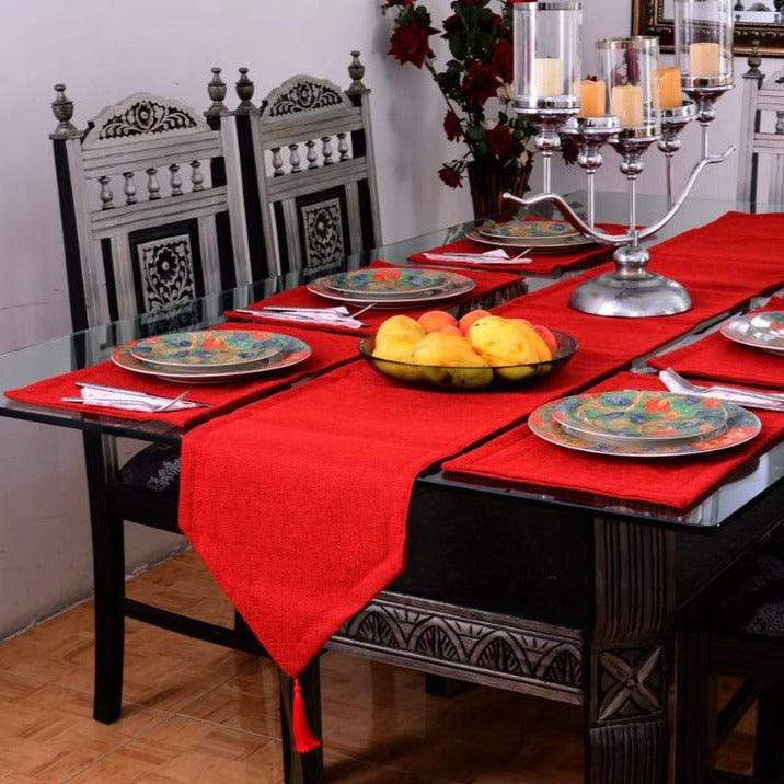 7 pcs Jutte Red Table Runner Set With Place Mats - 92Bedding