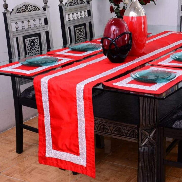 7 pcs Silk Red Table Runner Set With Place Mats - 92Bedding