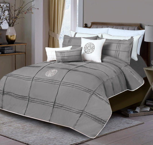 9 Pc's Pleated Embroidered & Corded Duvet Light Grey - 92Bedding
