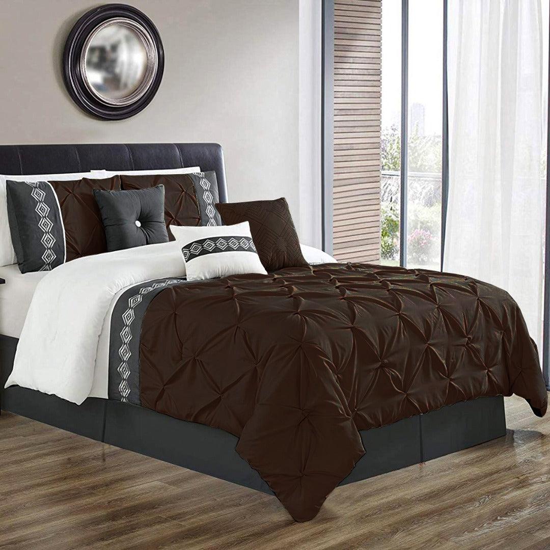 8 Pcs Pintuck Embroidered Duvet Set - Brown 02 - 92Bedding