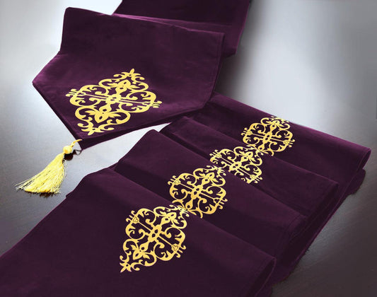 5 Pc's Velvet Embroidered Table Runner Set -113 - 92Bedding