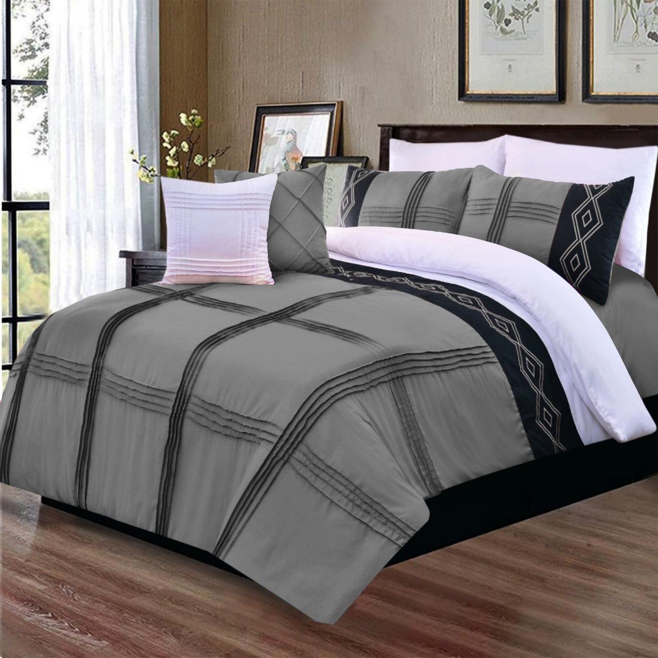 8 Pcs Pleated Embroidered Duvet Set Grey - 92Bedding