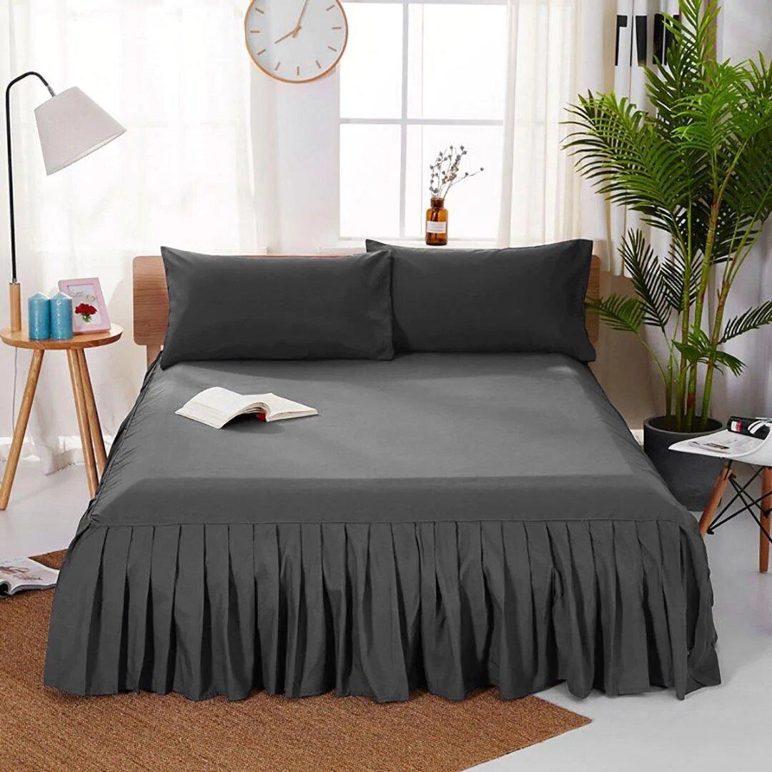 3 PCs Fitted Bed skirt with Pillow cover Dark Grey - 92Bedding