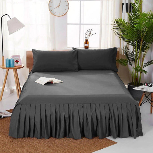3 PCs Fitted Bed skirt with Pillow cover Dark Grey - 92Bedding