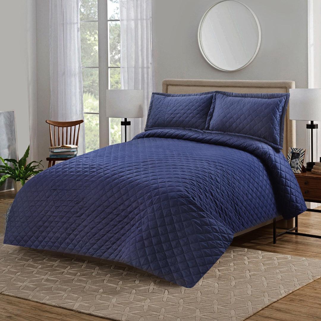 3 Pcs Luxury Satin Strips Bedspread Navy Blue - 92Bedding