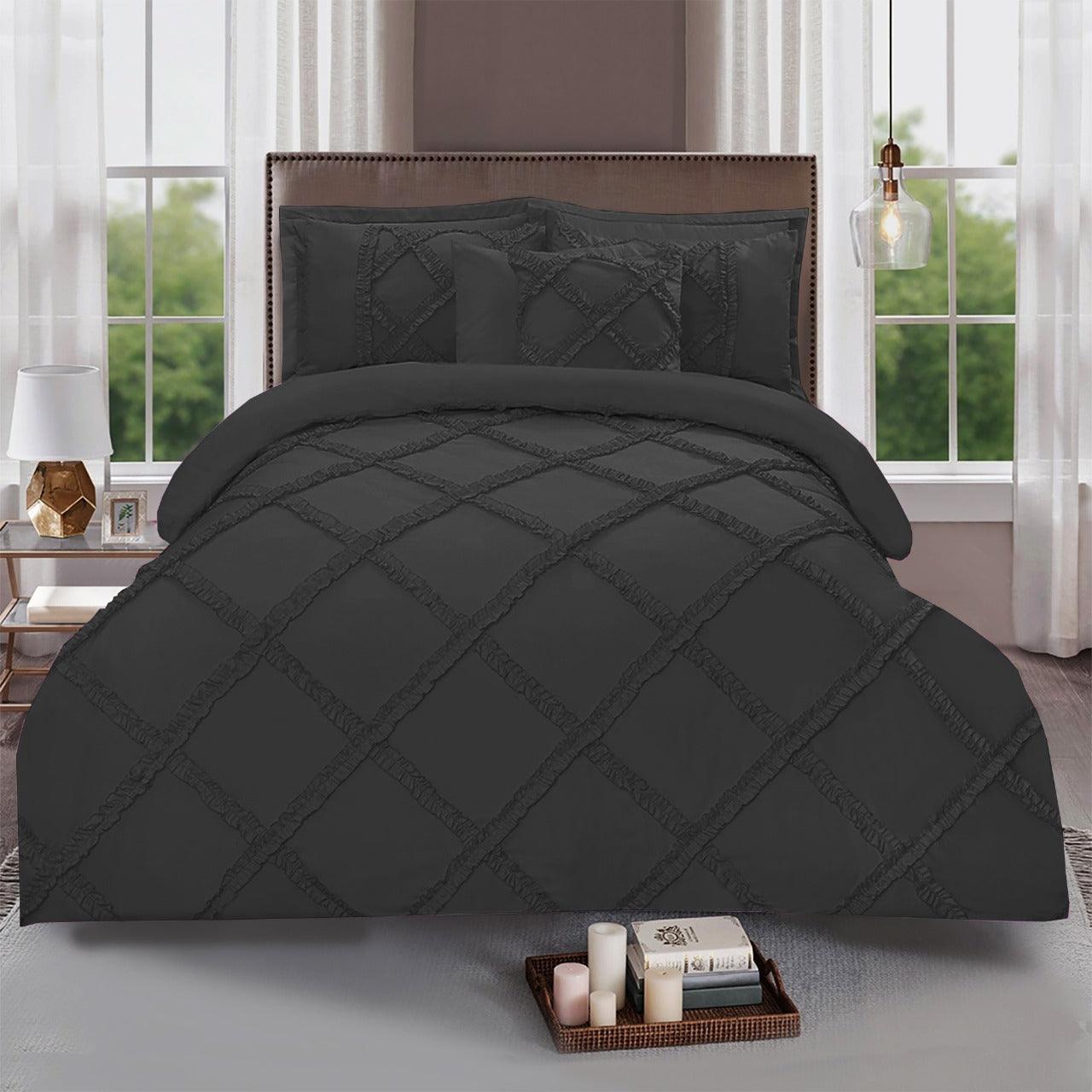 8 Pc's Ruffled Cross Pleated Duvet Set Grey - 92Bedding