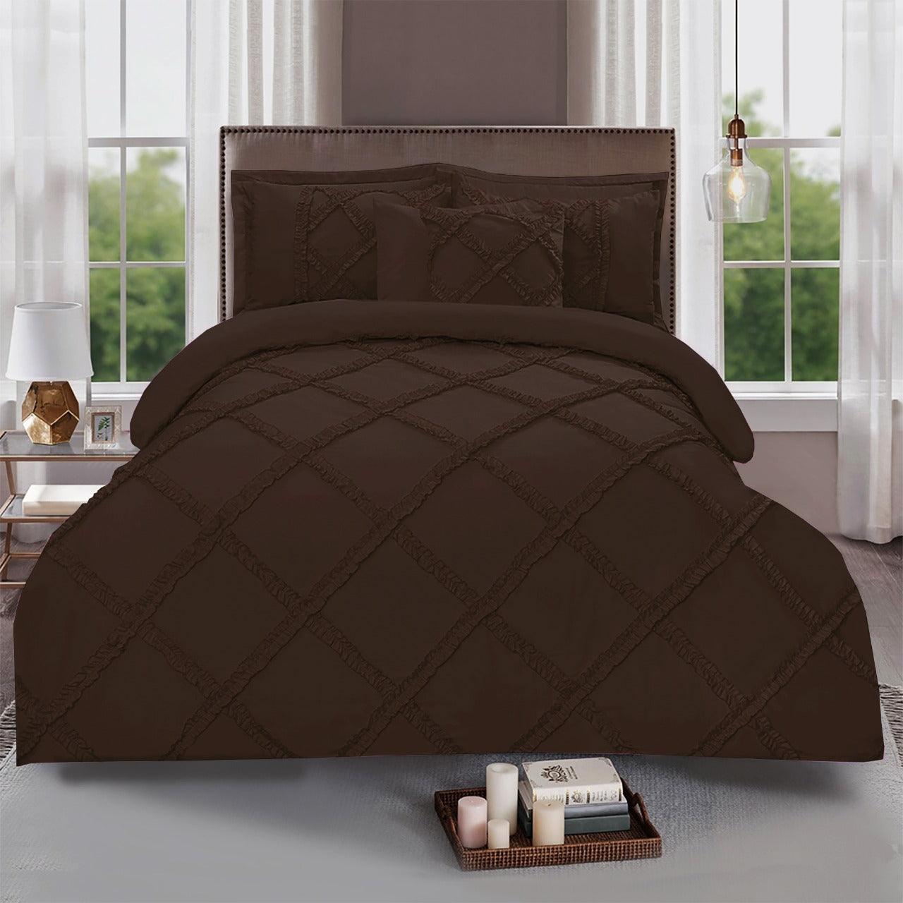 8 Pc's Ruffled Cross Pleated Duvet Set Brown - 92Bedding