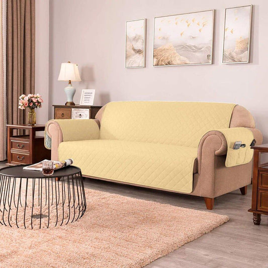Quilted Sofa covers Non-slip W/Piping Beige With Pockets (001) - 92Bedding