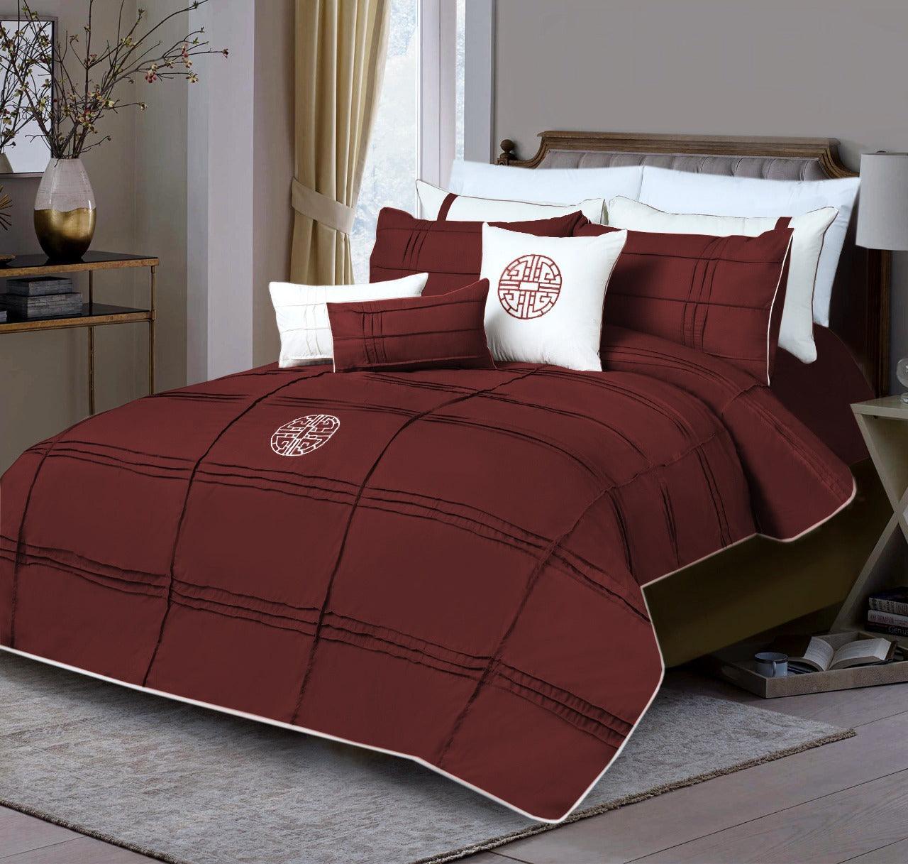 9 Pc's Pleated Embroidered & Corded Duvet Maroon - 92Bedding