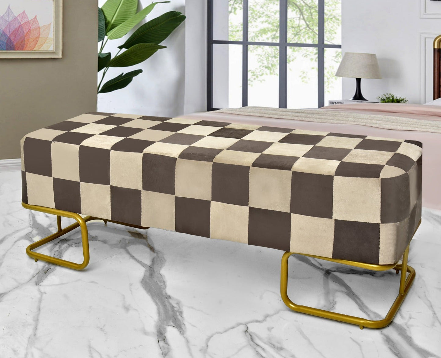 Luxury Printed Velvet Wooden stool 3 Seater With Steel Stand -1254