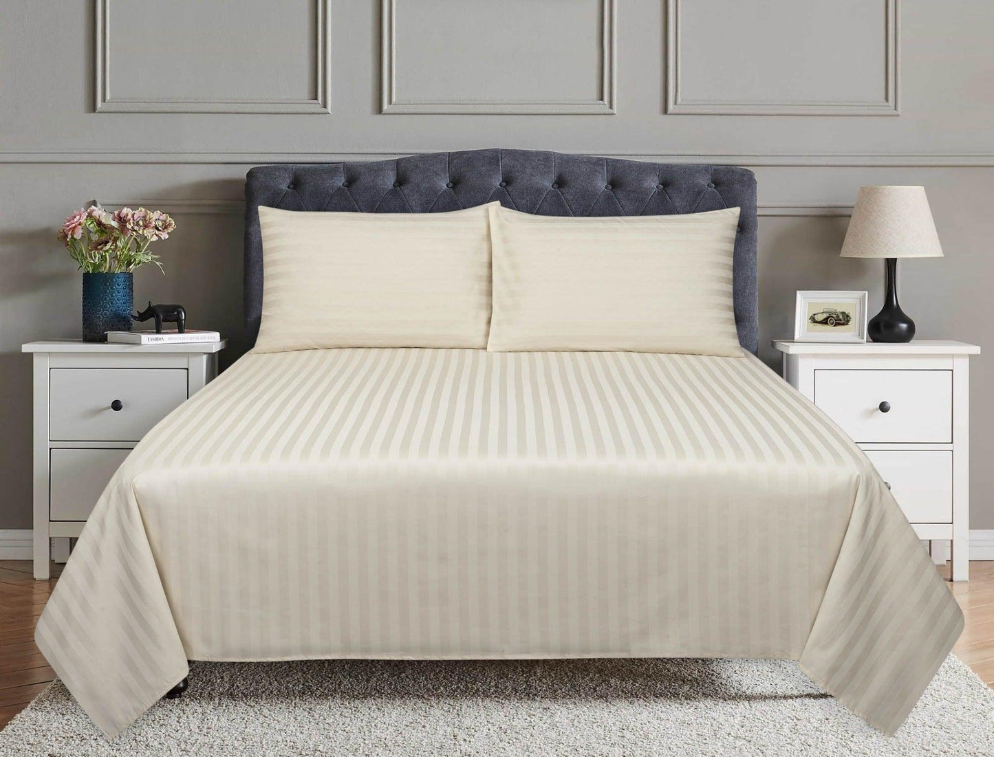 3 Pcs Satin Strip Bed Sheet Cream NB-728 - 92Bedding