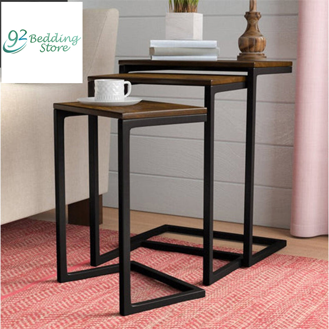 3-Piece Nesting Table Set Brown Rustic Rectangle Iron Wood Metal Finish