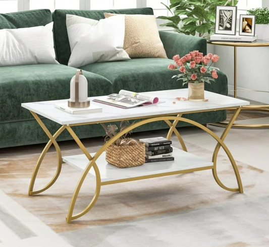 Costway Coffee Table Modern Marble 2-Tier for Living Room - 1409