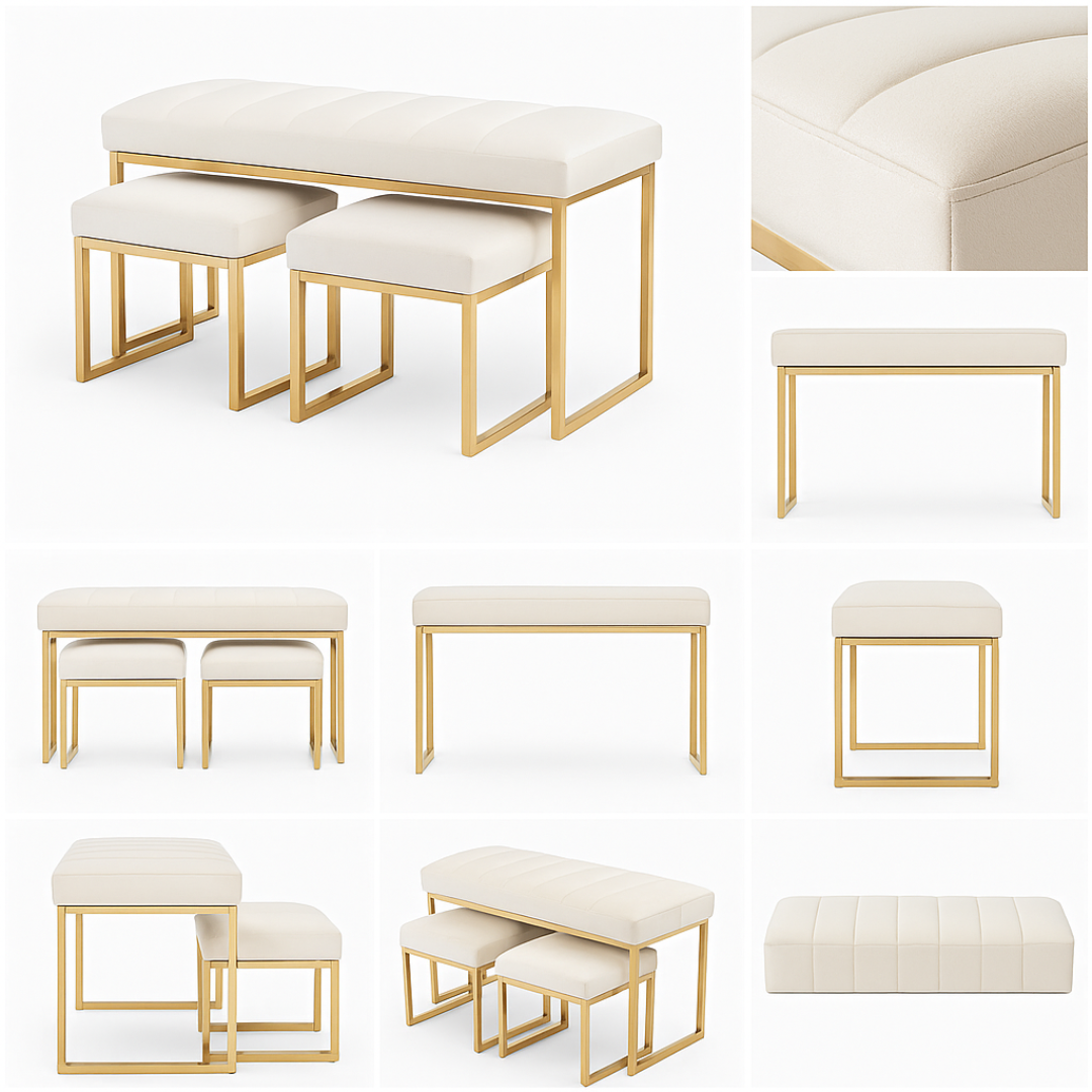 Aurora Modern Dressing Bench with Gold Base & Ottoman Pair- 1543