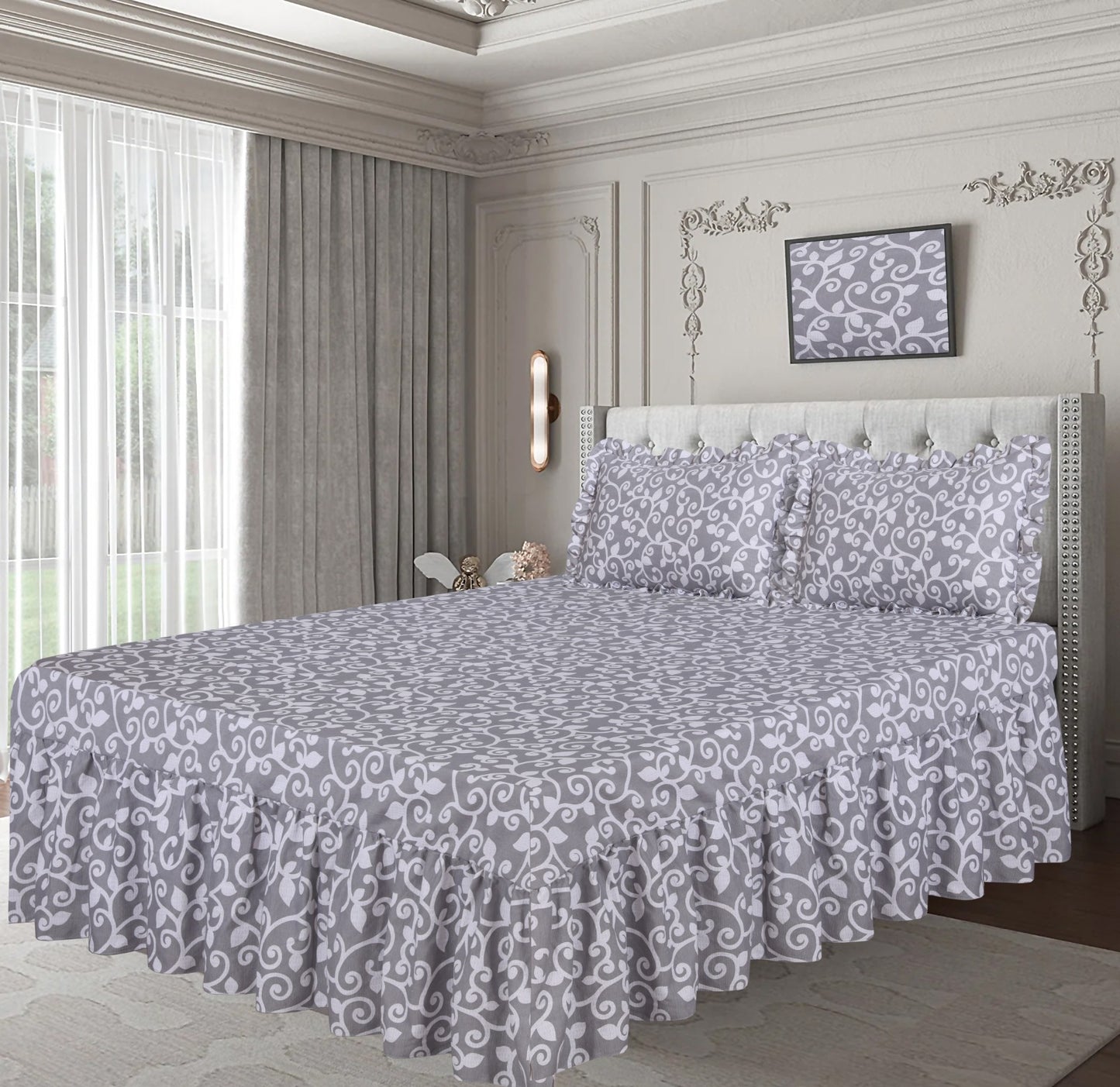 3 PCs Fitted Bed skirt with Pillow cover - 1144