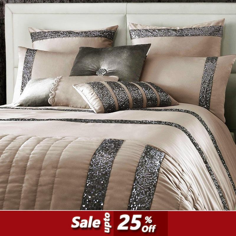 12 Pcs Luxury Sequenced Bridal Set with Free Quilt Filling Beige - 92Bedding
