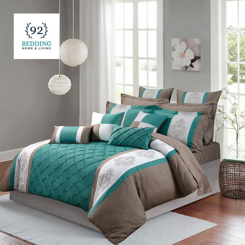 Teal And Coffe Embroided Pleated Duvet Set - 92Bedding