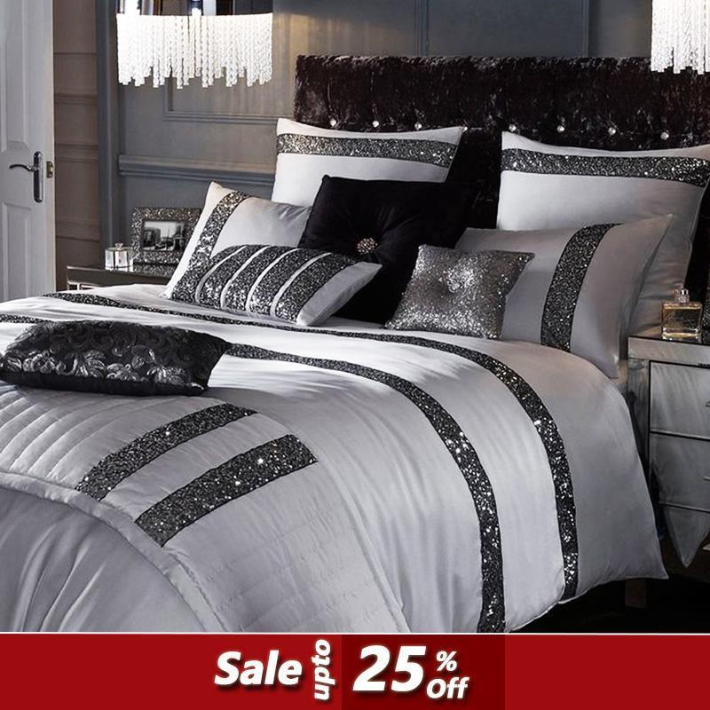 12 Pieces Grey Sequined luxury Bridal set with Free Quilt filling - 92Bedding