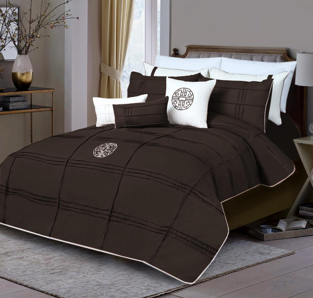 9 Pc's Pleated Embroidered & Corded Duvet Brown - 92Bedding