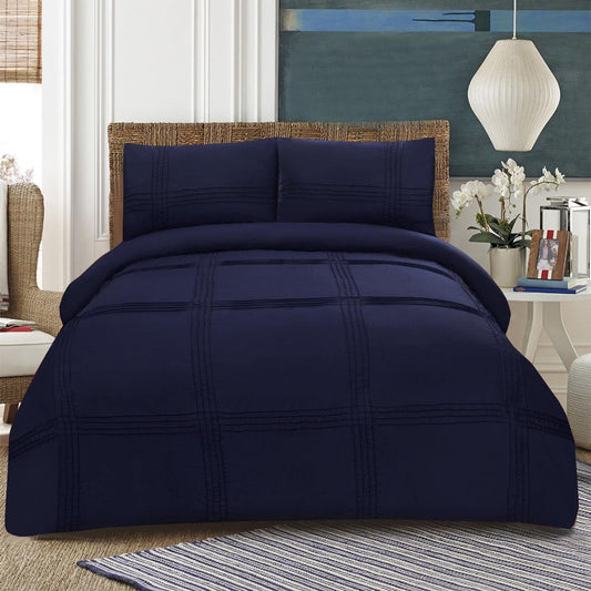 3 Pcs Pleated Duvet Set Navy - 92Bedding