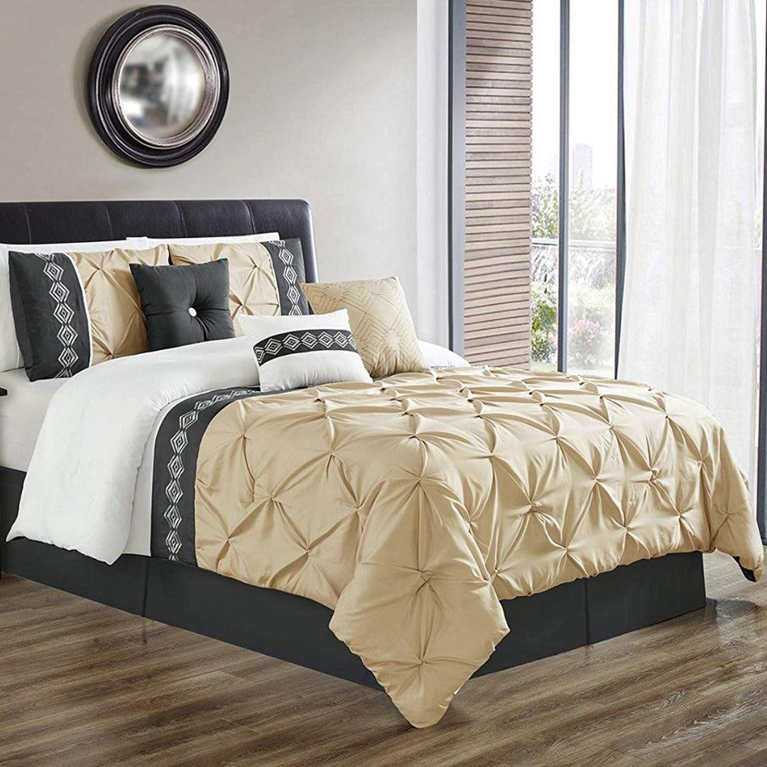 8 Pcs Pintuck Embroidered Duvet Set - Beige 02 - 92Bedding