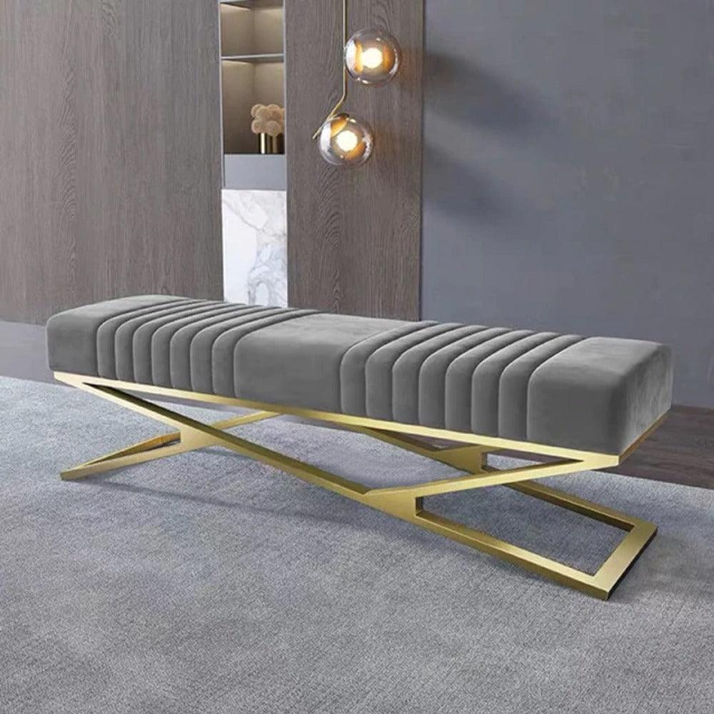 Modern Grey Velvet Upholstered Ottoman Bench in Gold -785 - 92Bedding