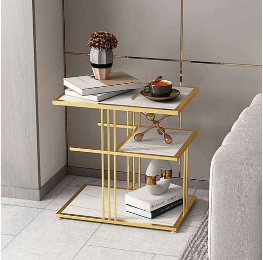 Elegant Golden Finish Side Table /Corner Table with 3 Tier White MDF Tops