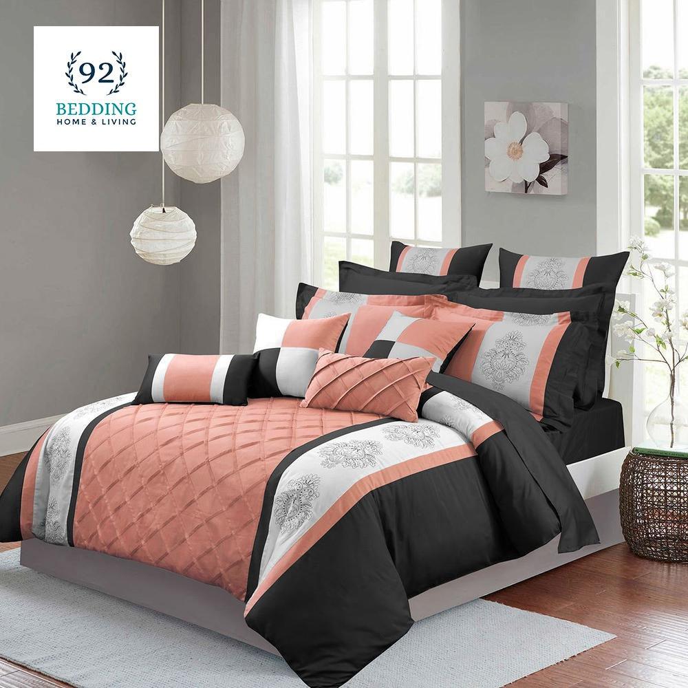 Peach And Black Embroided Pleated Duvet Set - 92Bedding