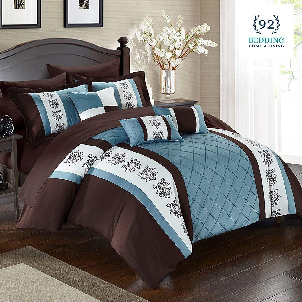 Brown And Blue Embroided Pleated Duvet Set - 92Bedding