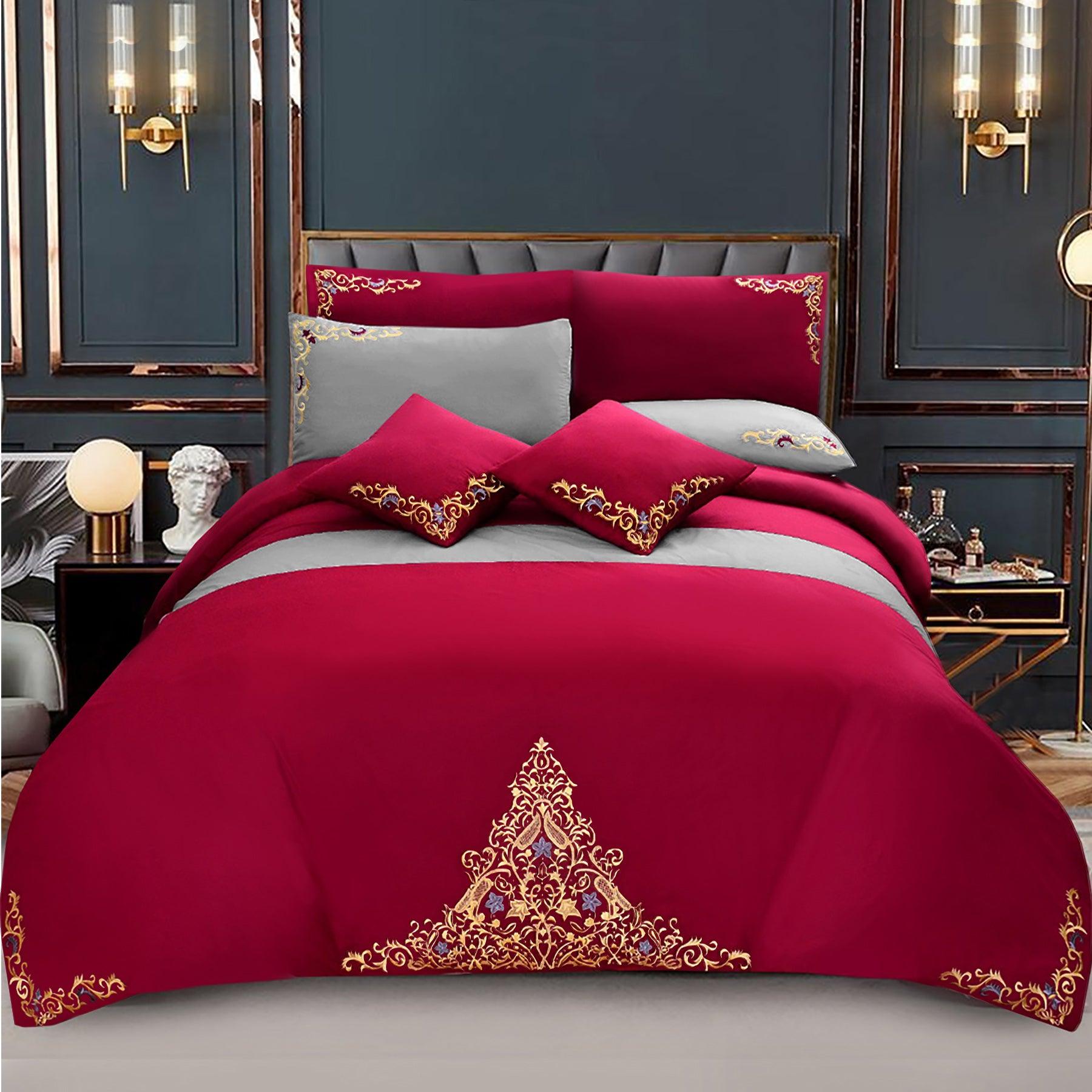 Mariana Centered Embroidered Motif Duvet Cover Set Maroon - 92Bedding