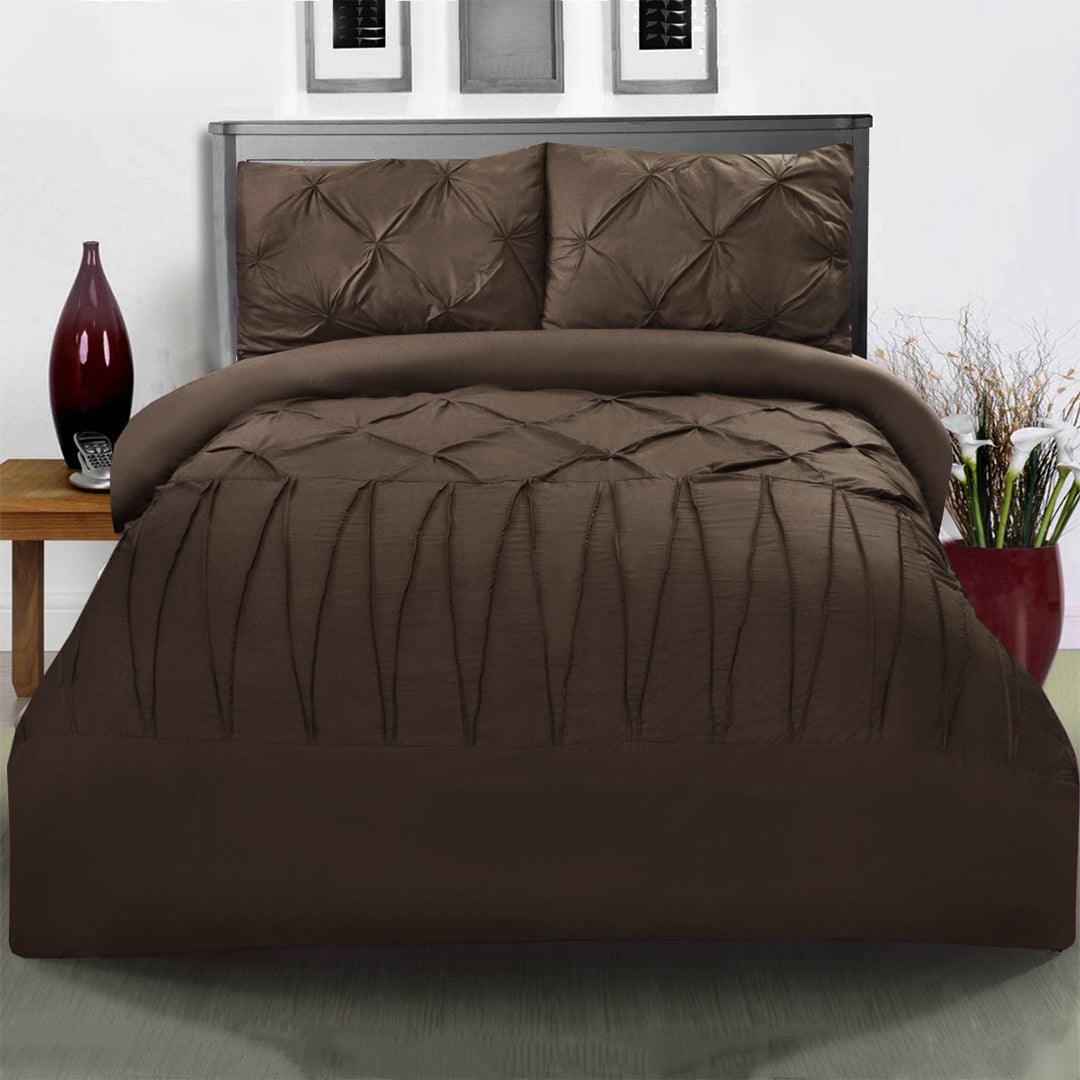 3 Pcs Pintuck & Cross Pleated Duvet Set - Brown - 92Bedding