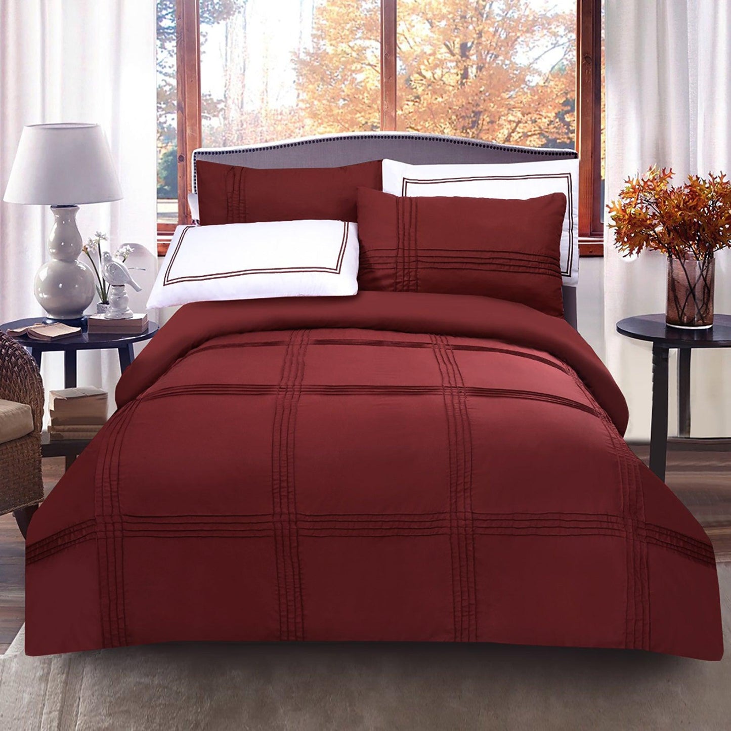 5 Pcs Baratta Pleated Duvet Set Maroon - 92Bedding