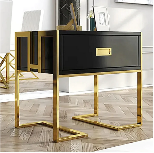 Jocise Modern White Side Table Wooden End Table with 1 Drawer & Golden Double Pedestal -1263