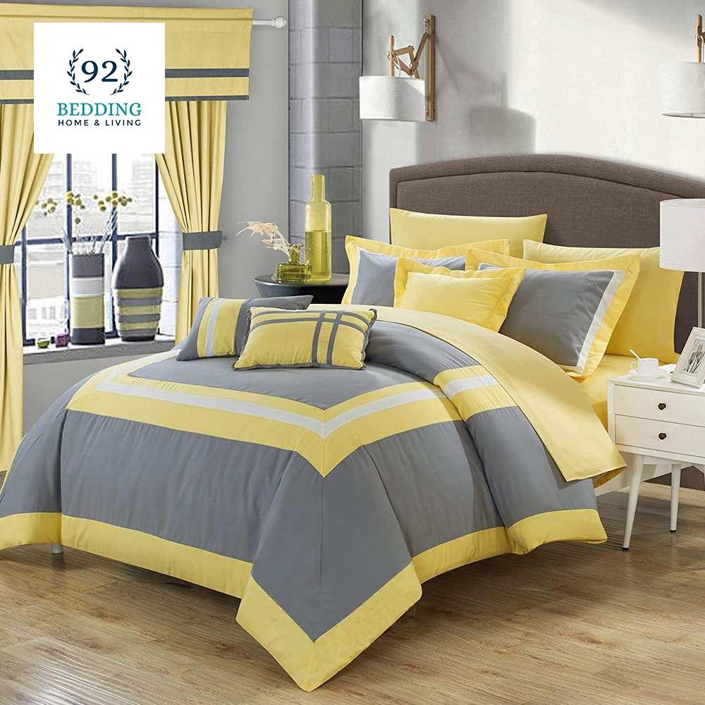 Embellish Patch Pleated Duvet Set - Yellow And Grey - 92Bedding
