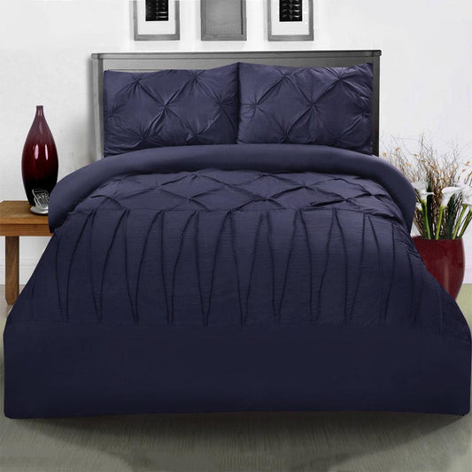 3 Pcs Pintuck & Cross Pleated Duvet Set - Navy - 92Bedding