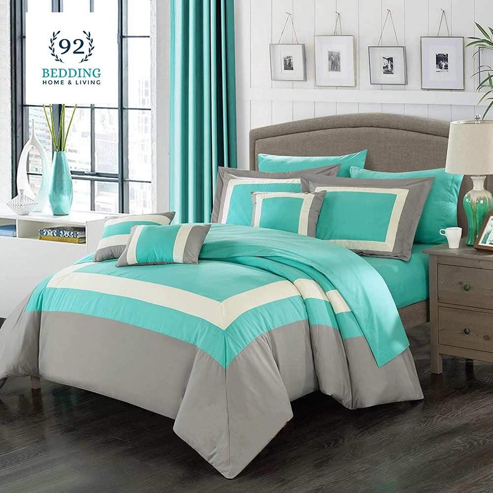 Embellish Patch Pleated Duvet Set - Sky And Beige - 92Bedding