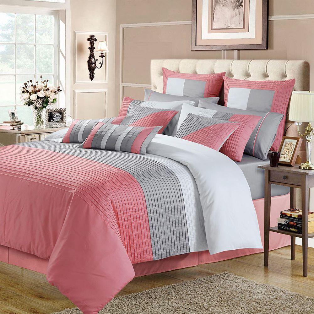 Embellish Horizontal Pleats Duvet Set-Pink&Grey - 92Bedding