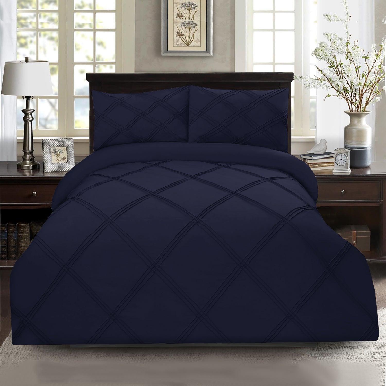 3 Pcs 3 Row Cross Pleated Duvet Set - Navy - 92Bedding