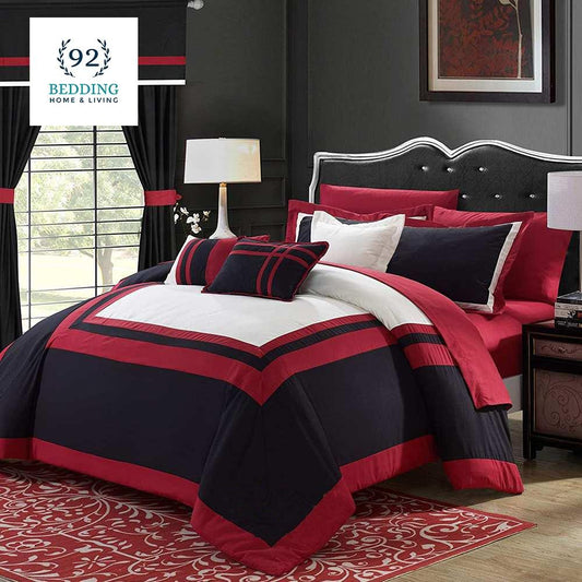 Embellish Patch Pleated Duvet Set - Red And Black - 92Bedding