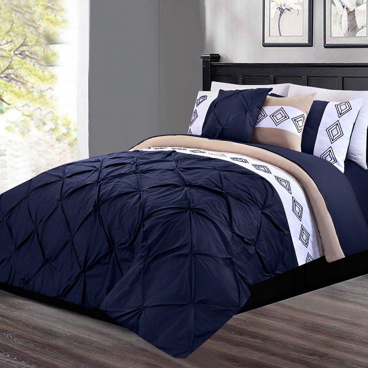8 Pc's Luxury Embroidered Bedspread Navy With Light Filling - 92Bedding