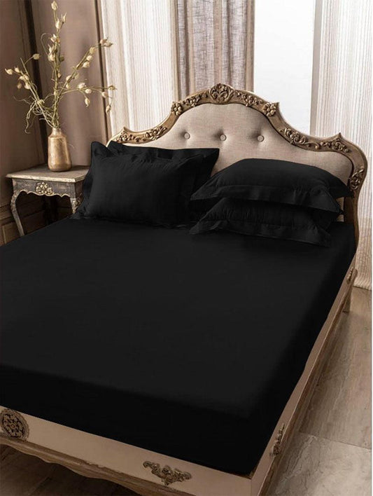 5 PCs Fitted Sheet Black with Pillow cover - 92Bedding